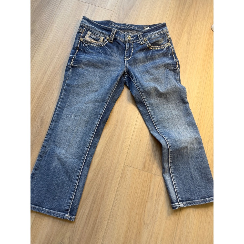 Grace in LA Rhinestone Embellished Bootcut Cropped Jeans Blue Size 26  Y2K inspo